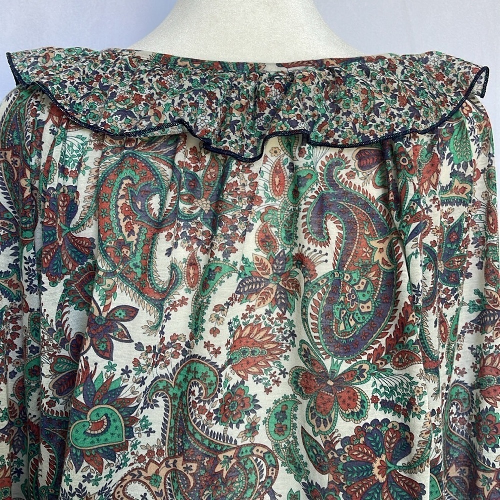 Mango Bohemian Sheer 3/4 Sleeve Paisley Print Tie-neck Blouse Top Size S V Neck - Picture 5 of 9